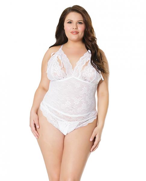 Stretch & Scallop Lace Crotchless Teddy White Os/xl Sex Toy Product