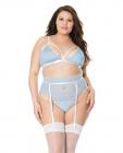 Scallop Stretch Lace Bra, Garter Belt & G-string Light Blue/white 2x Sex Toy Product