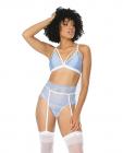 Scallop Stretch Lace Bra, Garter Belt & G-string Light Blue/white S/m Sex Toy Product