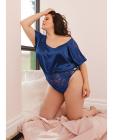 Stretch Satin & Scallop Stretch Lace Off The Shoulder Romper Navy Os/xl Sex Toy Product