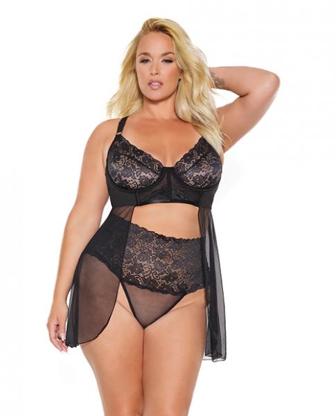 Scallop Stretch Lace & Sheer Mesh Babydoll & High Waist Thong Black 1x/2x Sex Toy Product