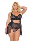 Scallop Stretch Lace & Sheer Mesh Babydoll & High Waist Thong Black 3x/4x Sex Toy Product