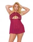 Scallop Stretch Lace & Sheer Mesh Halter Babydoll & Adjustable Thong Raspberry Os/xl Sex Toy Product