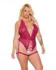 Scallop Stretch Lace Crotchless Teddy W/lace Up Front Raspberry Os/xl Sex Toy Product