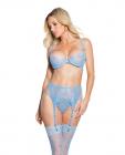 Scallop Stretch Lace & Sheer Mesh Bra, Garter Belt & Thong Blue Md Sex Toy Product