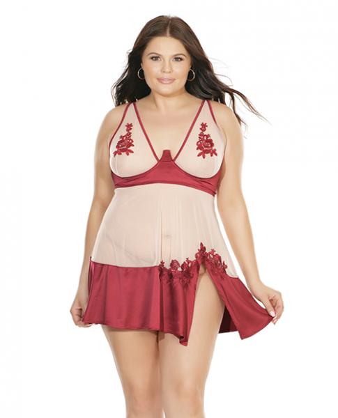 Nylon, Satin Babydoll Underwire Cups & G-String Red Nude 3X/4X Sex Toy Product