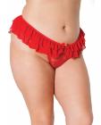 Holiday Stretch Lace & Mesh Crotchless Panty W/ruffle Jingle Bell Waist Red Os/xl Sex Toy Product