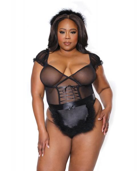Holiday Mistletoe Maid Stretch Mesh Teddy, Marabou Trimmed Apron & Headband Black Os/xl Sex Toy Product