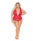 Euphoria Deep V Lace Teddiette W/open Crotch & Butt Red Qn Sex Toy Product