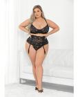 Floral Lace Bra, High Waist Garterbelt & G-string Black 3x Sex Toy Product