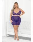 Lace & Mesh Long Line Bra, Garter Skirt & G-string Midnight Purple 2x Sex Toy Product
