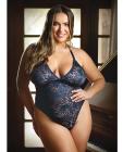 Curve Cara Stretch Lace Teddy W/snap Crotch Ink Blue 1x/2x Sex Toy Product