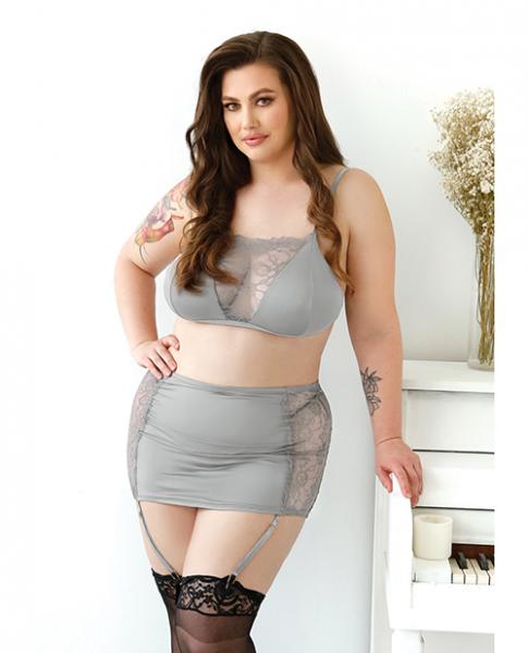 Curve Layne Lace & Microfiber Bralette W/garter Skirt & G-string Gray 1x/2x Sex Toy Product