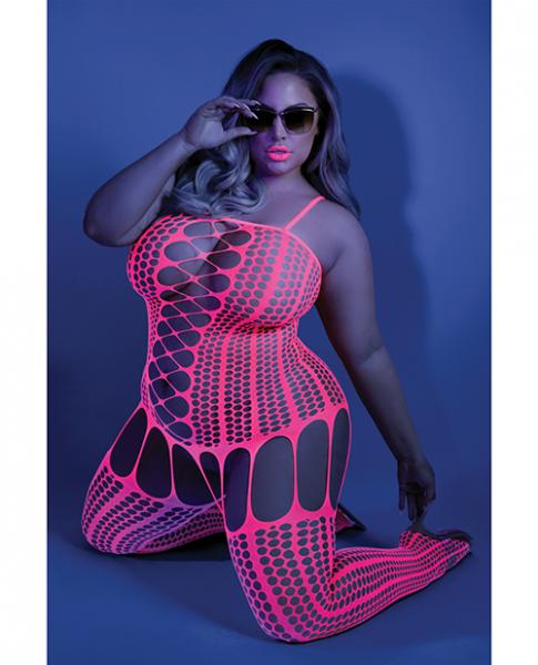 Glow Black Light Criss Cross Paneled Bodystocking Neon Pink Qn Sex Toy Product