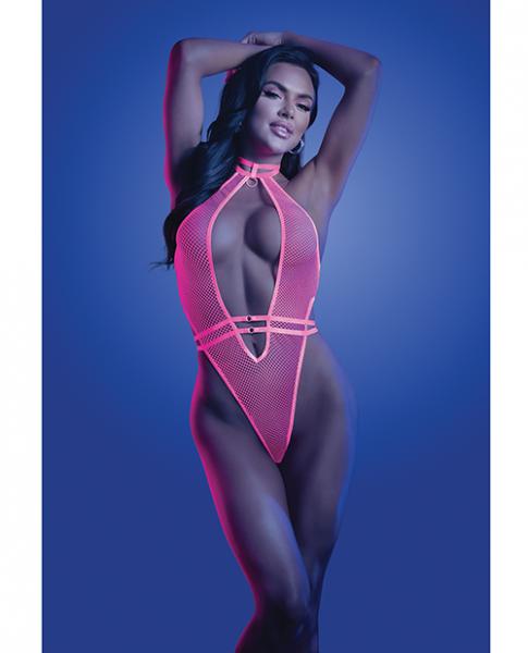Glow Knockout Fishnet Teddy W/detachable Thong - Neon Pink L/xl Sex Toy Product