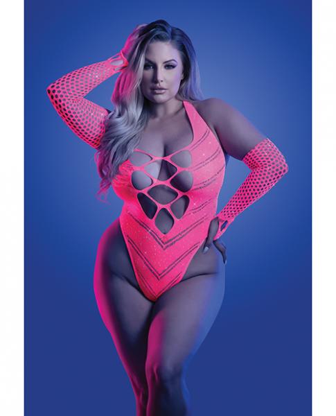 Glow Flashback Black Light Reactive Rhinestone Teddy W/gloves (or Leg Warmers) - Neon Pink Qn Sex Toy Product