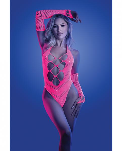 Glow Flashback Black Light Reactive Rhinestone Teddy W/gloves (or Leg Warmers) - Neon Pink O/s Sex Toy Product