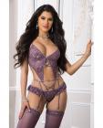 Garter Corset Teddy & Stockings Mauve Merlot O/s Sex Toy Product