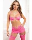 Jacquard Lace Garter Skirt, Wired Cups Bra Top, Thong & Stockings Pink Amore O/s Sex Toy Product