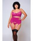 Soft Lace Bra, High Waist Satin & Mesh Garterbelt & G-string Fuchsia 1x Sex Toy Product