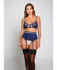 Geometric Lace W/matte Microfiber Bra, Garter Belt & G-string Navy/beige Lg Sex Toy Product