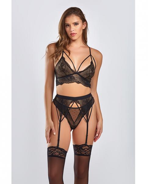Everly Dot Mesh & Galloon Lace Strappy Bra, Garterbelt & Hipster Panty Black Sm Sex Toy Product