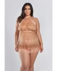 Amber Halter Lace Babydoll W/tiered Pleated Mesh Skirt Hem & G-string Brown 1x Sex Toy Product