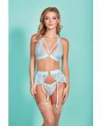 Mercedes Dross Dyed Galloon Lace Strappy Halter Bra, Garter Skirt & G-string Light Blue Lg Sex Toy Product