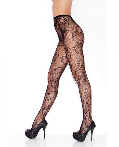 Secret Garden Floral Swirl Fishnet Pantyhose Black O/s Sex Toy Product