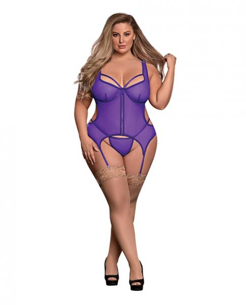 Sheer Mesh Merry Widow & Crotchless G-string Purple Qn Sex Toy Product