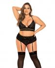 Lace Underwire Bra, Thong & Garterbelt W/lace Up Detail Black 1x/2x Sex Toy Product