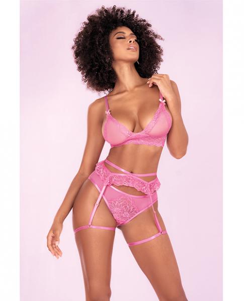 Floral Lace Bra, Ruffle Garter Belt & Panty Sunset Pink S/m Sex Toy Product
