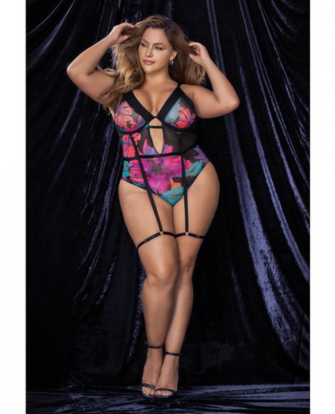 Flower Print Mesh Underwire Teddy W/detachable Garter Straps Multi Color 3x/4x Sex Toy Product