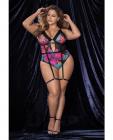 Flower Print Mesh Underwire Teddy W/detachable Garter Straps Multi Color 3x/4x Sex Toy Product