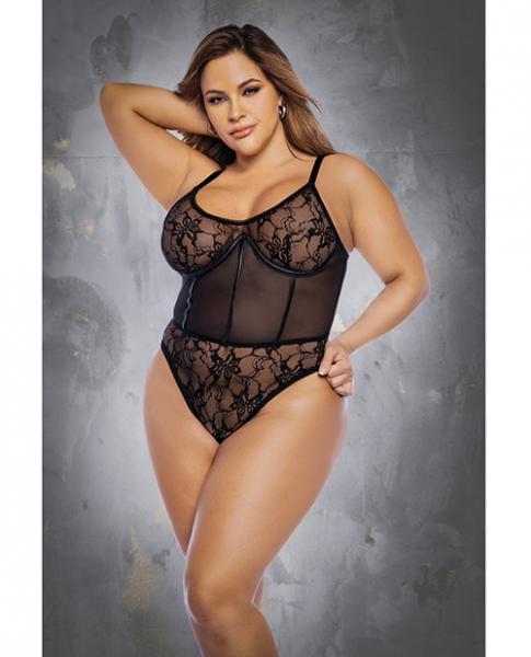 Floral Lace & Mesh Underwire Bodysuit W/lace Up Back Black 3x/4x Sex Toy Product