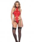 Satin Collar Applique Teddy with Garters Red Black O/S Sex Toy Product