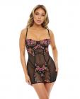 Natty Underwire Fitted Babydoll W/embroidery & G-string Black/multi Color Xl Sex Toy Product