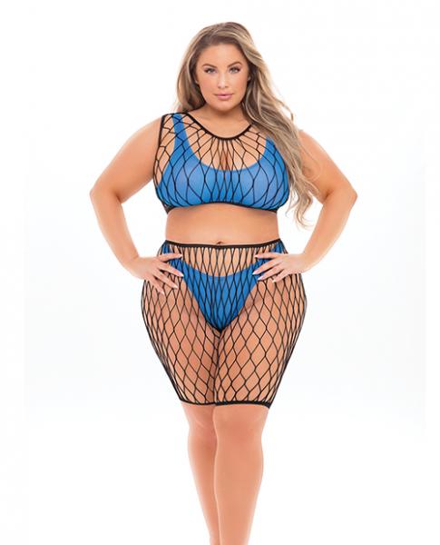 Pink Lipstick Brace For Impact Large Fishnet Top, Shorts, Bra & Thong (fits Up To 3x) Neon Blue Qn Sex Toy Product