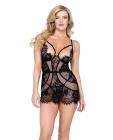 Femme Fatale Scalloped Eyelash Lace & Mesh  Chemise & Thong Black Xl Sex Toy Product