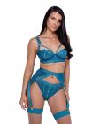Studs & Kisses Balconette Cup W/underwire Bra, Garter Belt & Panty Teal Md Sex Toy Product