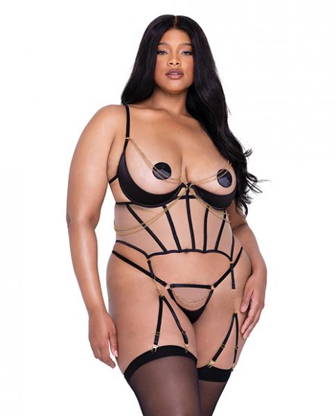 Caged Temptress Satin & Tulle Bustier W/draped Chain Detail & Thong Black 1x Sex Toy Product