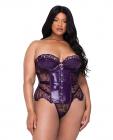 Sugar Plum Scalloped Eyelash Lace & Faux Leather Bustier W/steel Boning & Thong Purple 1x Sex Toy Product