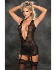 Lace Patterned Gartered Chemise & G-String Black Sm Sex Toy Product