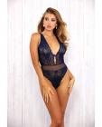 Stylish Stretch Lace & Point D'esprit Mesh Teddy Navy Md Sex Toy Product