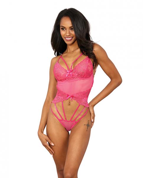 Stretch Lace W/underwire Cups & Strap Thong Detail Teddy Hot Pink Lg Sex Toy Product