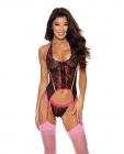 Lace Underwire Bustier W/g-string Black/hot Pink Lg Sex Toy Product