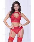 Lace, Netting Long Line Bra, Garter Belt & Open Crotch Thong Red XL Sex Toy Product