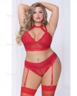 Lace & Netting Long Line Bra, Garter Belt & Open Crotch Thong Red 3x/4x Sex Toy Product