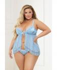 Satin Jacquard Dot Mesh Scallop Lace Babydoll & G-string Blue 3x/4x Sex Toy Product