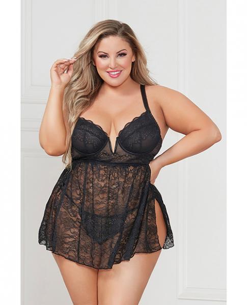 Stretch Lace Babydoll W/underwire Cups & G-string Black 1x/2x Sex Toy Product